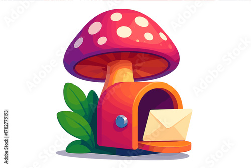 Fantasy mailbox shaped like a spotted toadstool with an envelope inside