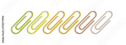 3D Rainbow glossy Paper clip emoji icon set. Office School paperclips. Cartoon design objects. Vector