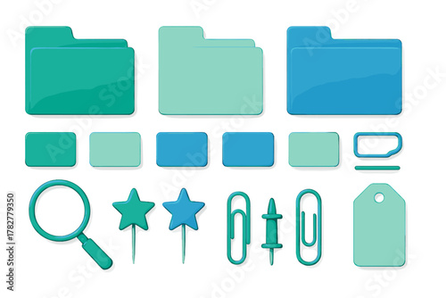 Set of essential digital interface elements including folders, magnifying glass, and paperclips in teal and blue