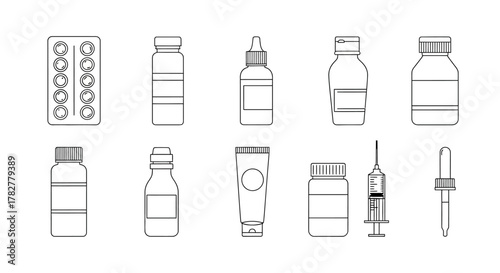 Collection of Medical Supplies and Pharmaceutical Packaging Icons. EPS Editable