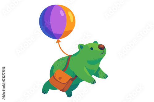 Cute green animal character flying with a large colorful balloon and wearing a small satchel bag