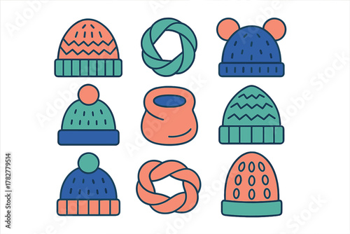 Set of colorful knitted winter hats, beanies, and warm scarves accessories