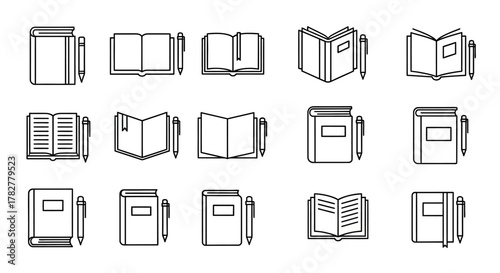 Collection of HandDrawn Notebook and Pen Icons. EPS Editable