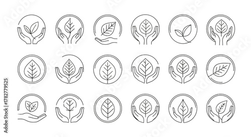 Collection of HandDrawn Leaf and Hand Icons for EcoFriendly Brands. EPS Editable