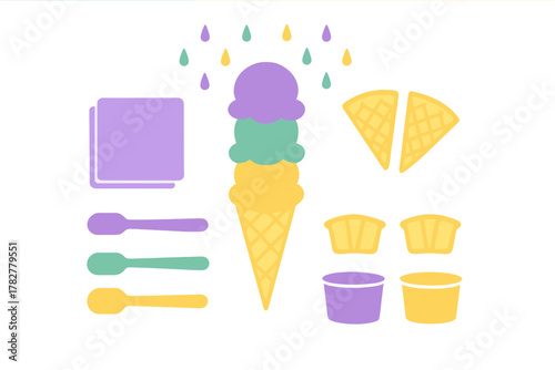Colorful set of ice cream dessert components including cone, scoops, cups, and spoons