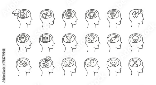 Collection of Human Head Silhouettes with Diverse Symbols Representing Thoughts and Ideas. EPS Editable