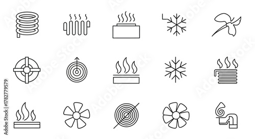 Collection of HVAC and climate control icons representing heating cooling and ventilation systems. EPS Editable