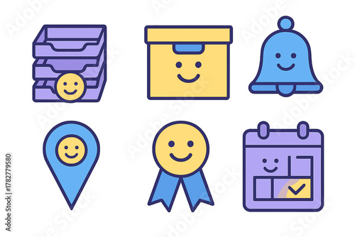 Colorful set of business and organization icons featuring happy smiley faces for digital interfaces