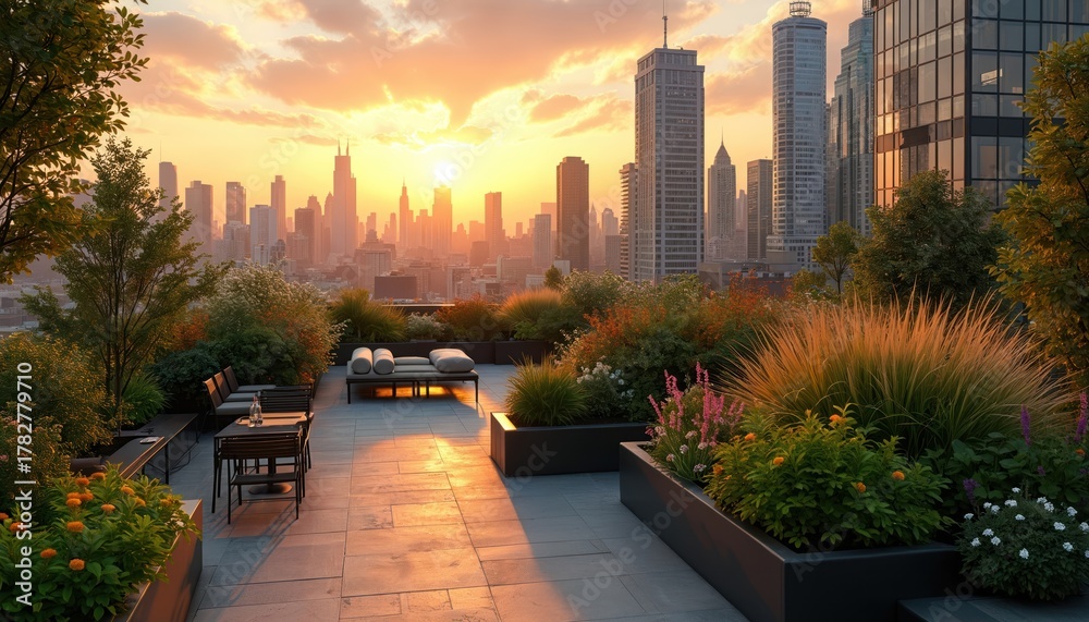 Obraz premium Rooftop garden oasis overlooking cityscape at sunset. Rich greenery, flowers, seating areas blend urban living with nature. City skyline glows, serene sky.