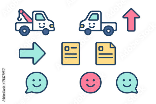 Colorful interface icons collection featuring transportation, navigation, documents, and chat symbols