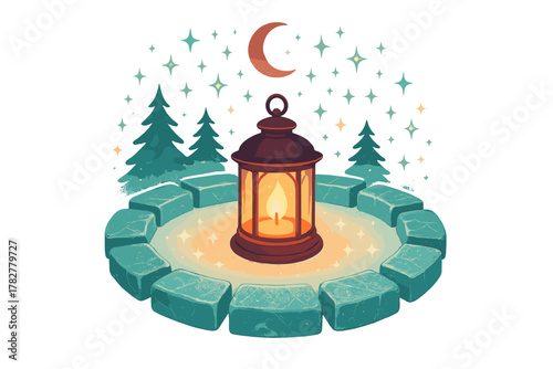 Glowing lantern placed inside a stone circle surrounded by pine trees under starry night sky