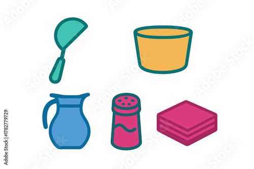 Colorful kitchen and dining utensils set: ladle, pitcher, cup, salt shaker, napkins