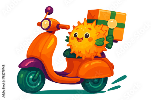Pufferfish character riding a delivery scooter carrying a wrapped gift box