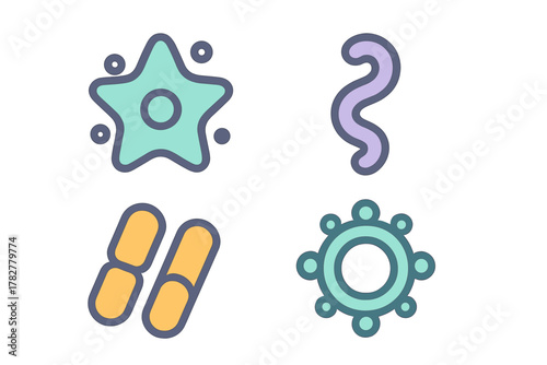 Four colorful abstract icons representing microscopic organisms, bacteria, viruses, and cells