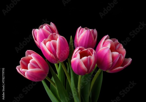 Vibrant pink tulip blossoms arranged beautifully in a fresh spring bouquet, symbolizing renewal and vibrant seasonal color and growth ,magenta ,bright ,blossom
