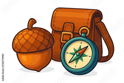 Acorn, brown leather satchel, and vintage compass for outdoor adventure and navigation