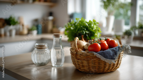 Defocused still life of a basket of organic produce and reusable glass containers, calm Scandinavian kitchen style, with copy space