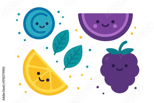Cute smiling citrus fruit, berry, and watermelon slices with green leaves and colorful dots