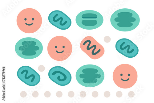Collection of stylized biological cell components and organelles with smiling faces