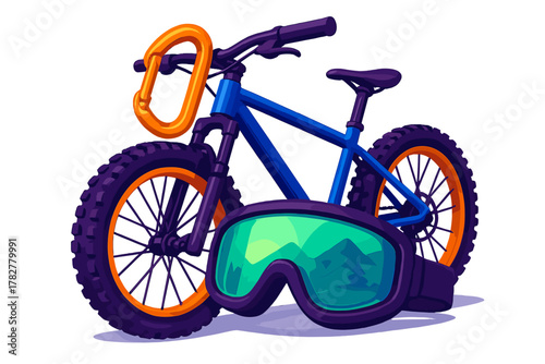 Essential mountain biking gear including bicycle carabiner and protective goggles