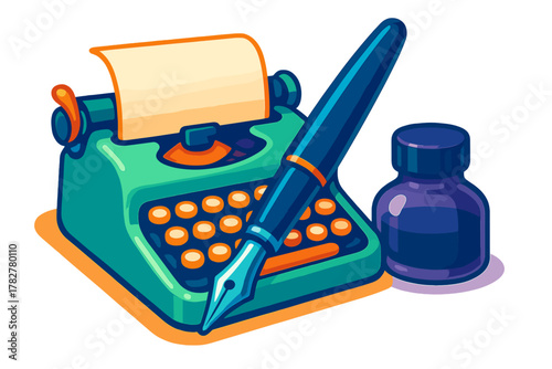 Vintage teal typewriter, fountain pen, and purple inkwell on a blank paper sheet