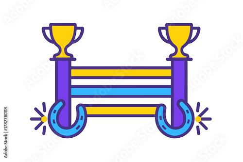 Colorful stylized equestrian jump barrier decorated with golden trophies and horseshoes