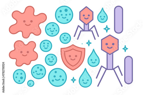 Cute cartoon microbes and viruses with a protective shield representing immunity and health concepts