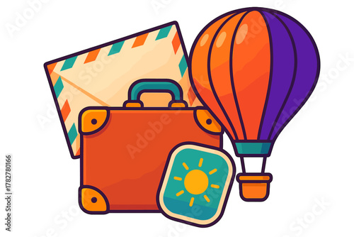 Colorful travel and adventure composition with luggage, hot air balloon, and airmail envelope