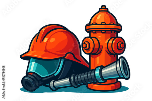 Firefighter helmet mask and red fire hydrant with hose nozzle equipment