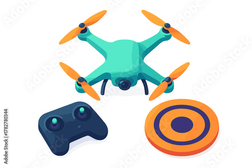 Teal quadcopter drone with orange propellers, remote controller, and circular landing target