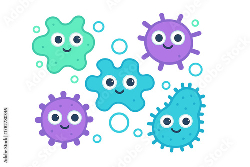 Adorable smiling microscopic organisms set including amoeba and various bacteria shapes