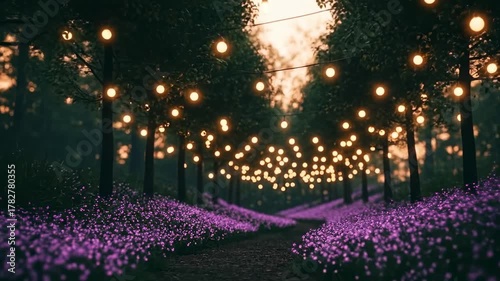 Enchanting Forest Path Illuminated by String Lights and Purple Flowers.