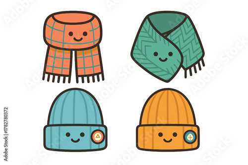 Adorable cartoon winter accessories collection featuring knitted beanies and warm patterned scarves
