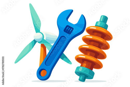 Wind turbine, adjustable wrench, and electrical insulator symbolizing power generation and repair
