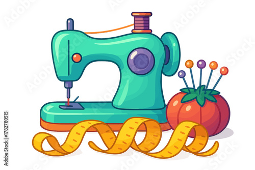 Colorful sewing machine with measuring tape and pincushion for tailoring and crafting