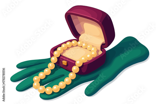 Luxurious string of pearls resting inside an open burgundy presentation box held by stylized green hands