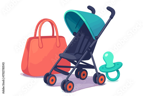 Modern baby stroller with canopy, large orange tote bag, and turquoise pacifier accessories