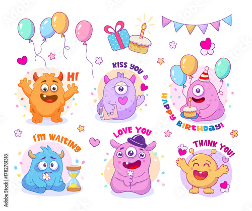 cute monsters birthday set of stickers, vector illustration