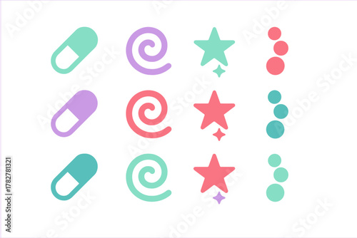 Abstract geometric symbols collection featuring capsules, spirals, stars, and dots in pastel colors
