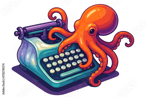 Whimsical orange octopus operating a retro teal typewriter with its tentacles
