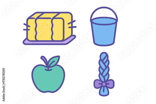 Colorful set of butter block, water bucket,, and braided hair accessory objects