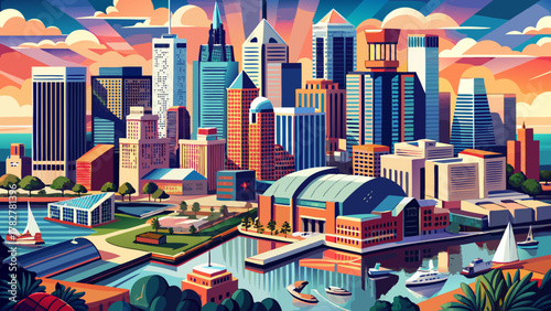 Very beautiful aerial view of downtown Baltimore, Maryland, USA, featuring modern skyscrapers, the Inner Harbor waterfront, bright natural light, and a realistic vibrant urban skyline.