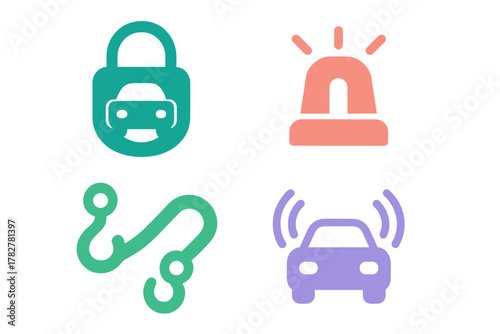 Four colorful symbols for vehicle security, emergency assistance, towing, and smart technology