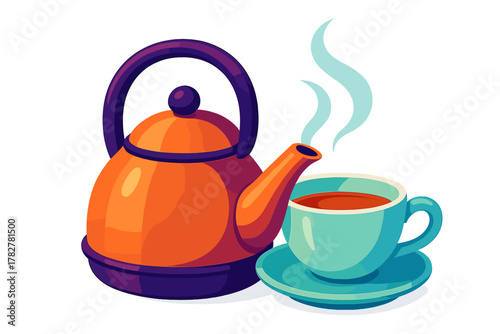 Vibrant stylized teapot and steaming teacup with hot beverage on a white background