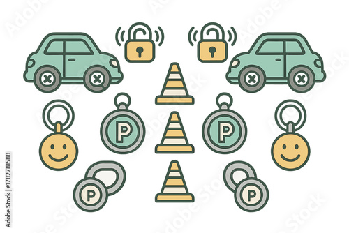 Colorful icons depicting car security, parking management, and traffic control elements