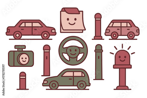 Cute cartoon collection of road safety elements and vehicles including cars, bollards, steering wheel, and warning light with happy faces