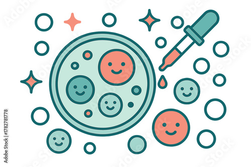 Scientific experiment showing happy smiling cells in a petri dish treated by a dropper