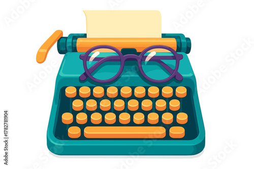 Colorful vintage typewriter with round purple glasses and blank paper ready for writing