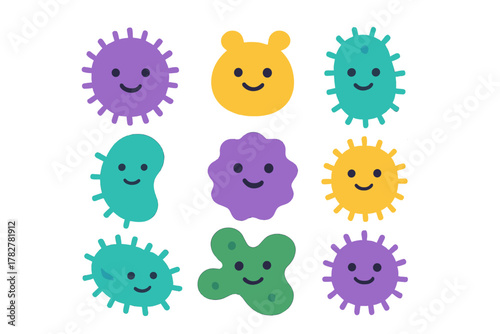 Collection of cute cartoon microorganisms and bacteria with smiling faces