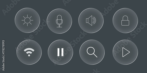 Liquid glass effect mobile phone icon. Glowing 3D buttons symbol of play, pause, mic, search, wifi and sound icons made of spheres on black background vector icon set for web and business design.	
